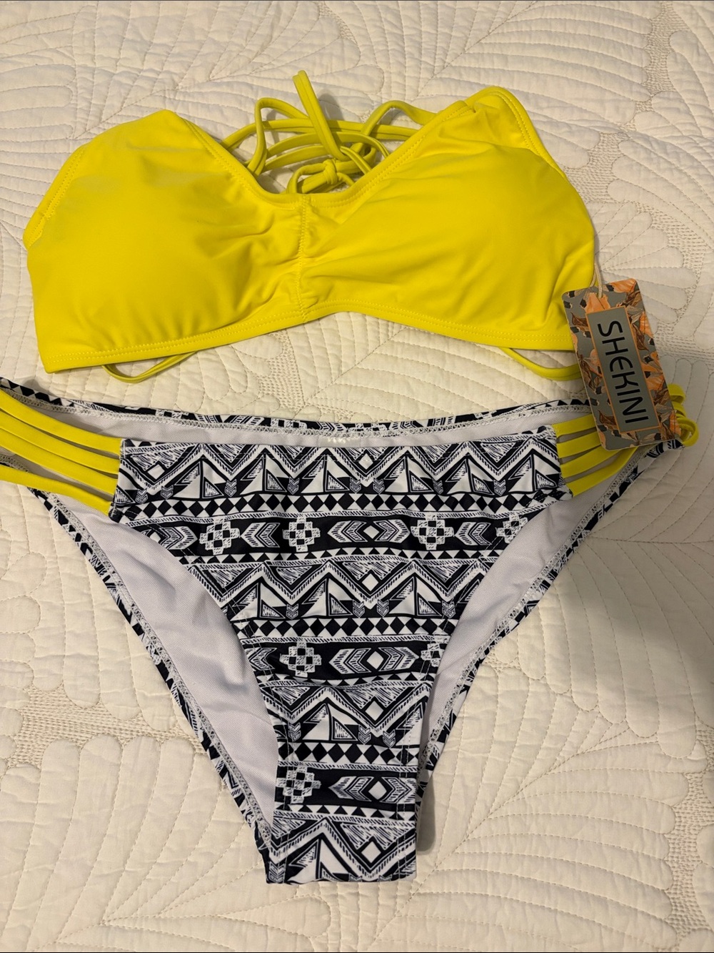 SHEKINI Yellow Strappy Bikini Top with Black & White Aztec Bottom